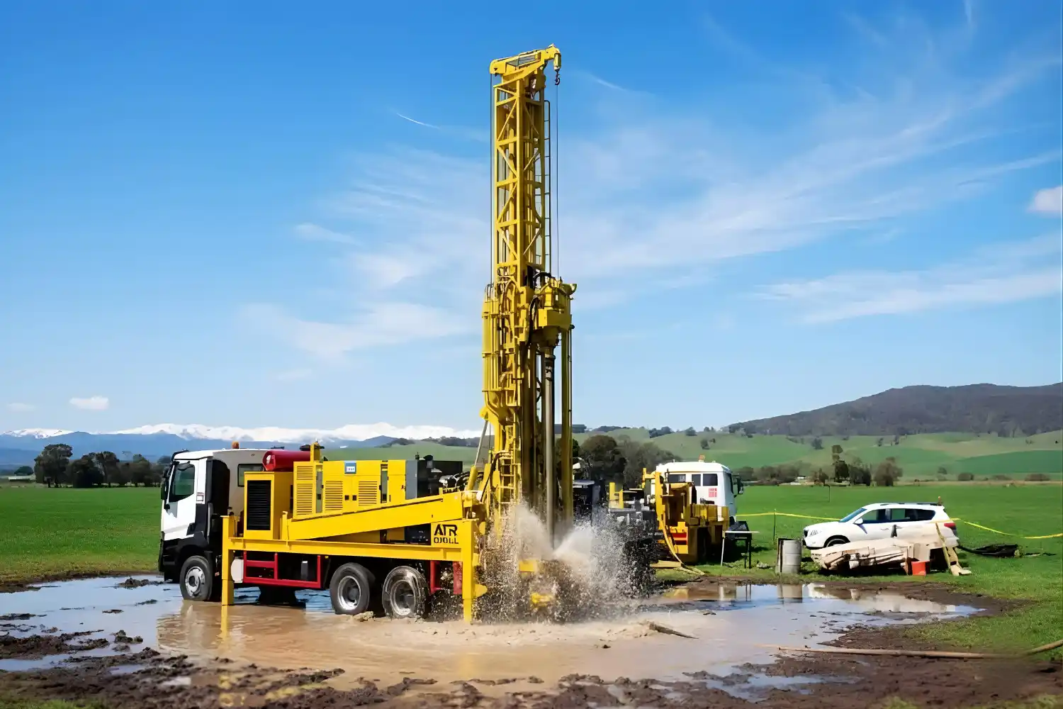 Yellow drilling rig in muddy field